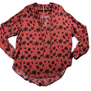 Free People Women Mia Floral Print Tie Neck Tunic Boho Rust Orange Large D127